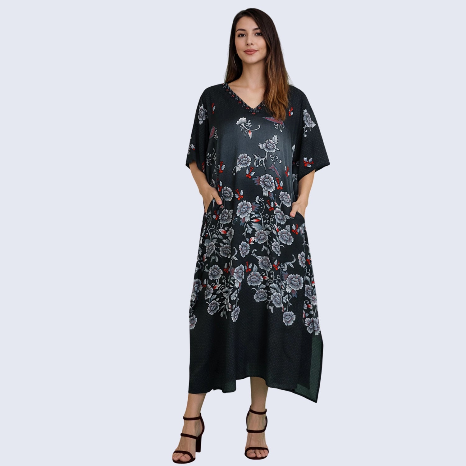 Floral Print Polyester Kaftan Dress with V Neck & Side Slits