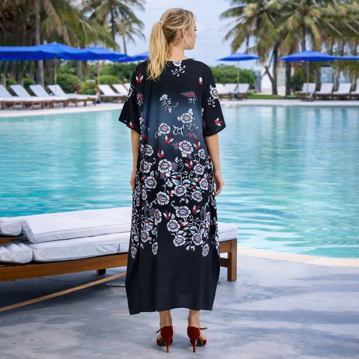 Floral Print Polyester Kaftan Dress with V Neck & Side Slits