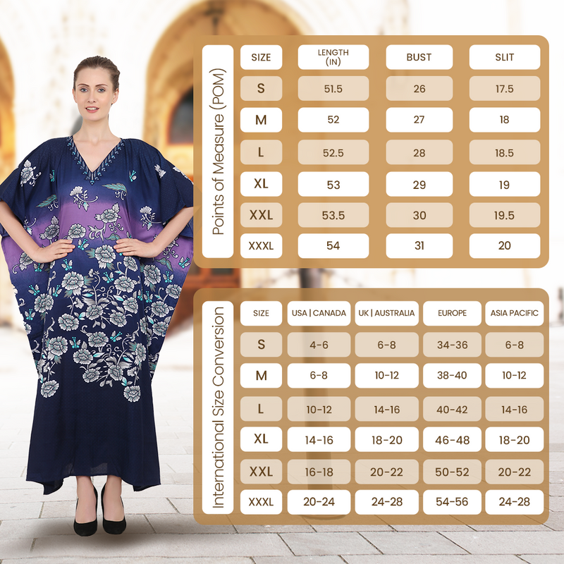 Size Chart for Women Long Kaftans Summer Holiday Caftan Dress 4 Colors S-3XL