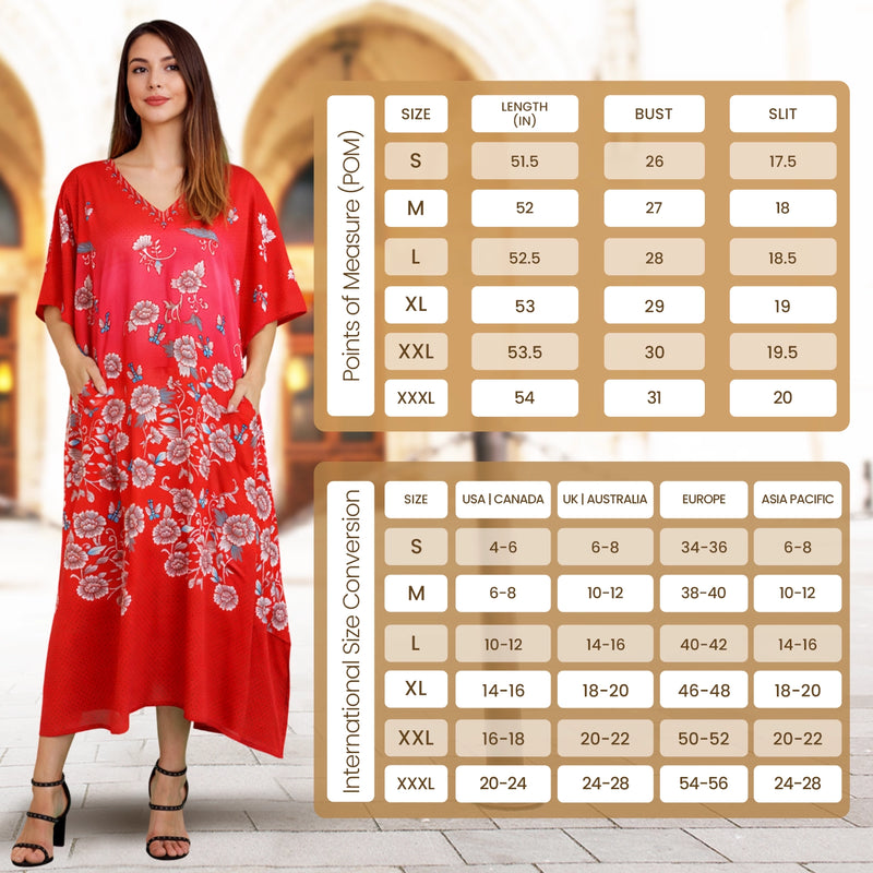 Size Chart for Floral Print Polyester Kaftan Dress with V Neck & Side Slits