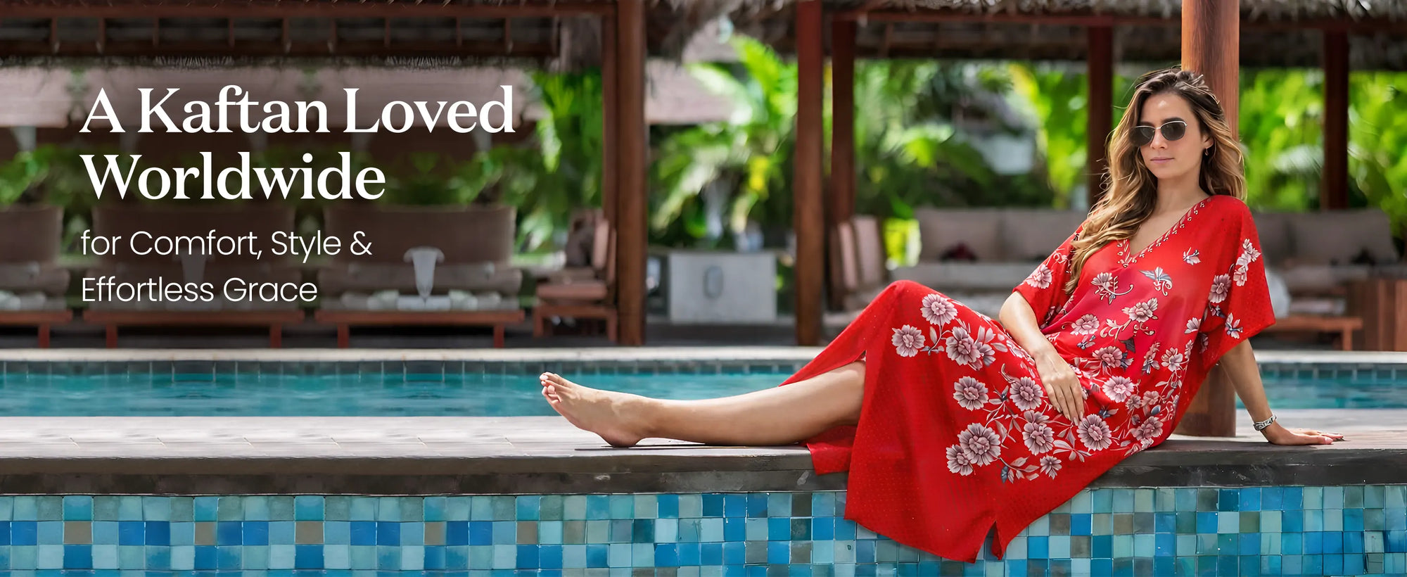 Floral Print Polyester Kaftan Dress with V Neck & Side Slits