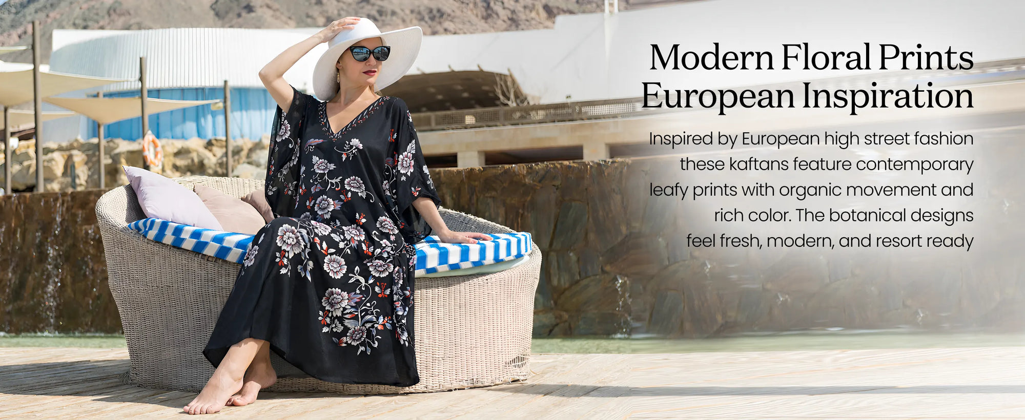 Floral Print Polyester Kaftan Dress with V Neck & Side Slits