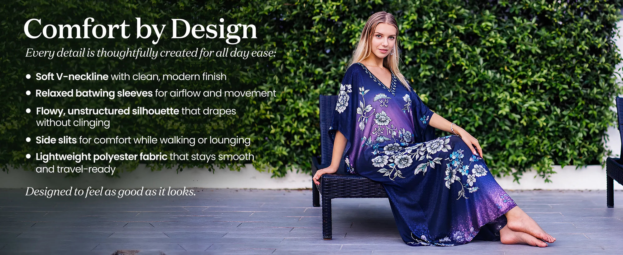 Floral Print Polyester Kaftan Dress with V Neck & Side Slits