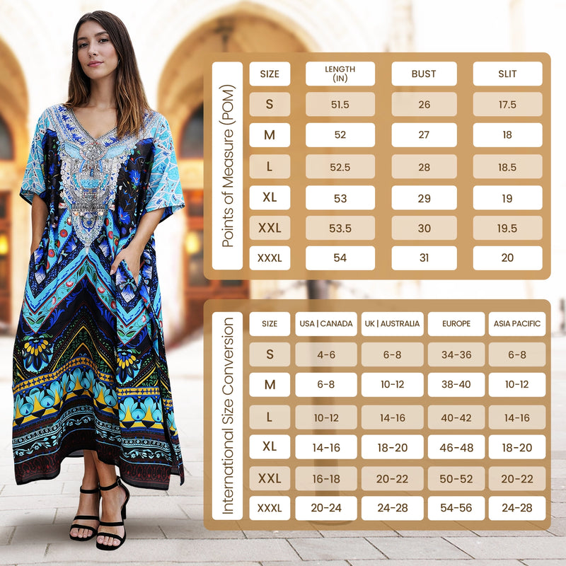 Size Chart for Floral Print Polyester Kaftan Dress with V Neck & Side Slits