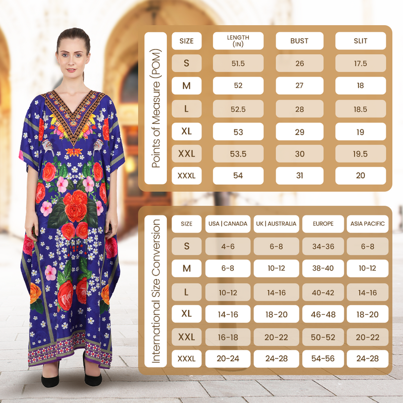 Size Chart for Women Long Kaftans Summer Holiday Caftan Dress 4 Colors S-3XL
