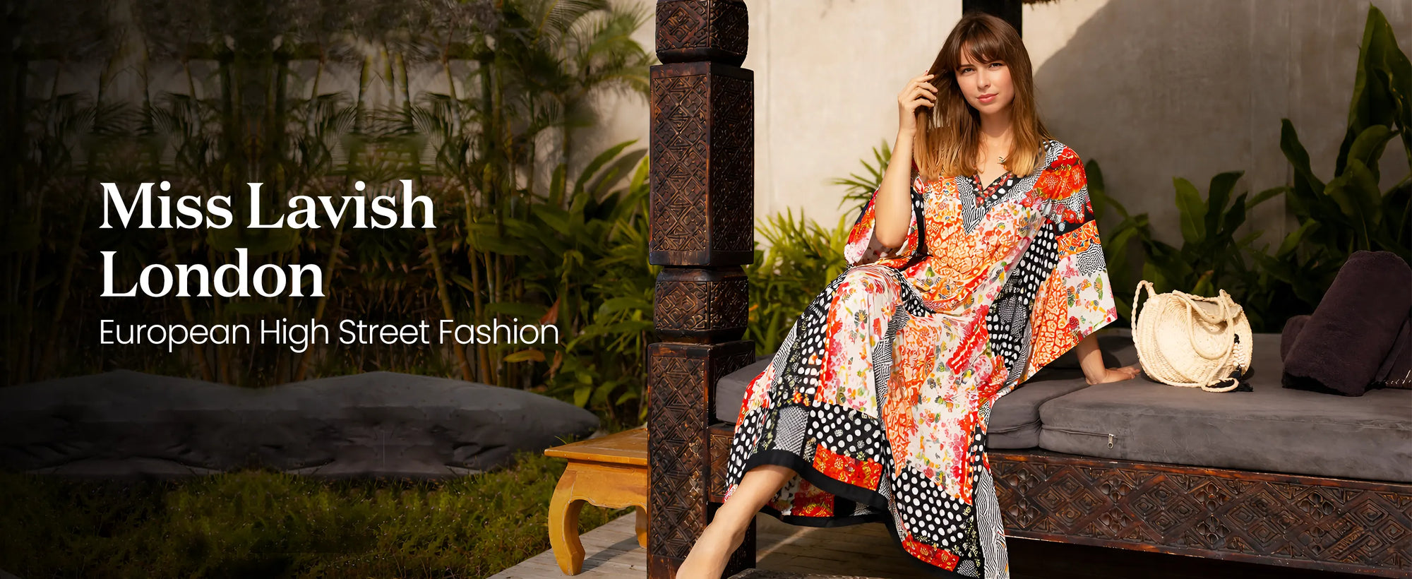 Floral Print Polyester Kaftan Dress with V Neck & Side Slits