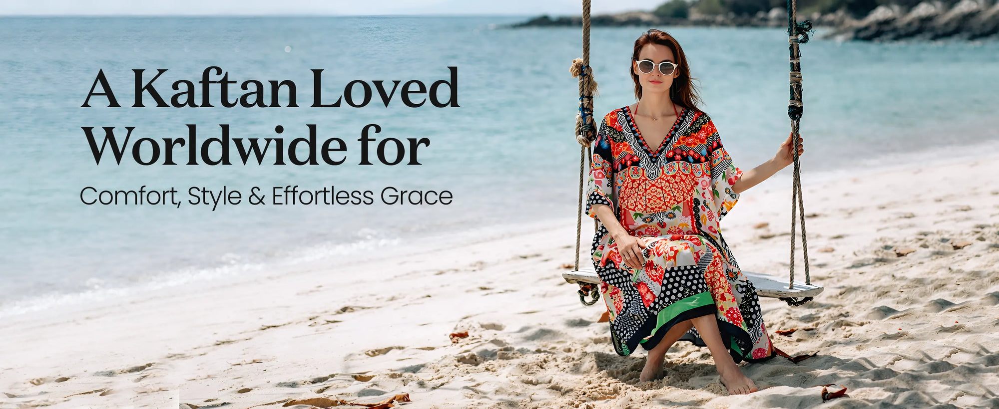 Floral Print Polyester Kaftan Dress with V Neck & Side Slits