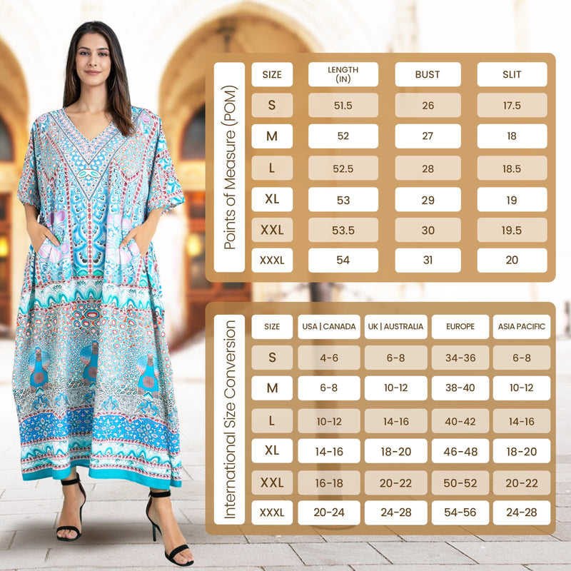 Size Chart for Leafy Peacock Floral Polyester Kaftan Dress with V Neck & Side Slits