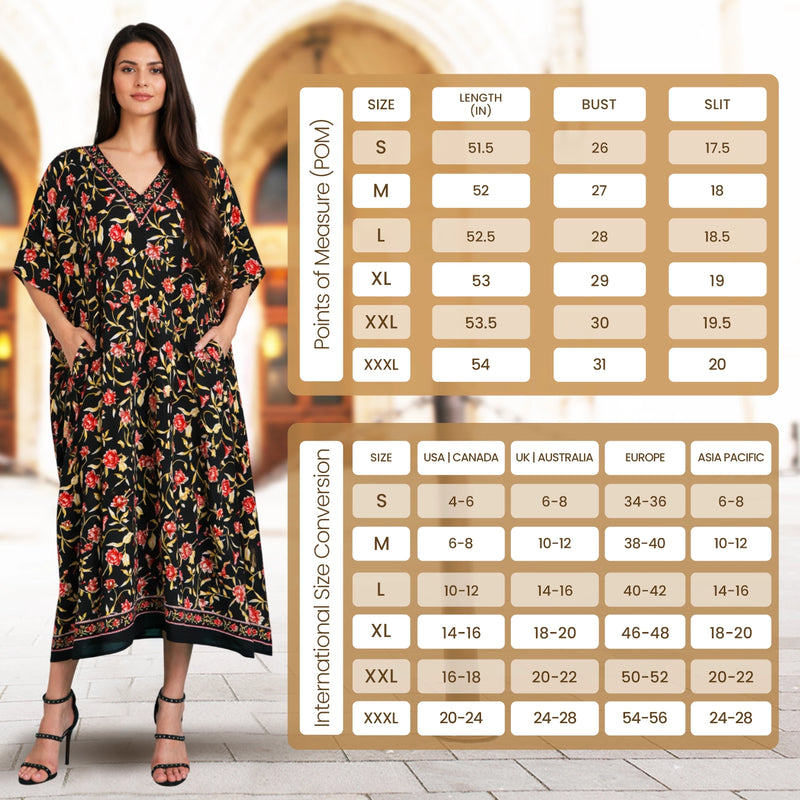 Size Chart for Floral Print Polyester Kaftan Dress with V Neck & Side Slits