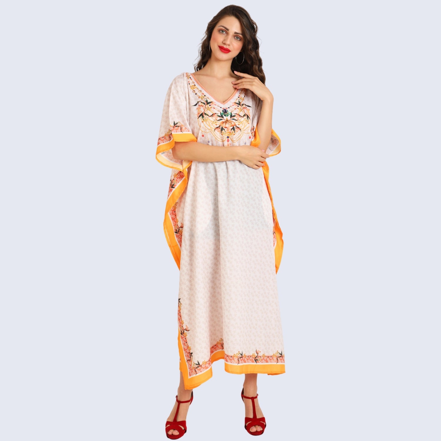 Ethnic Print Polyester Kaftan Dress with V Neck, Pockets & Side Slits