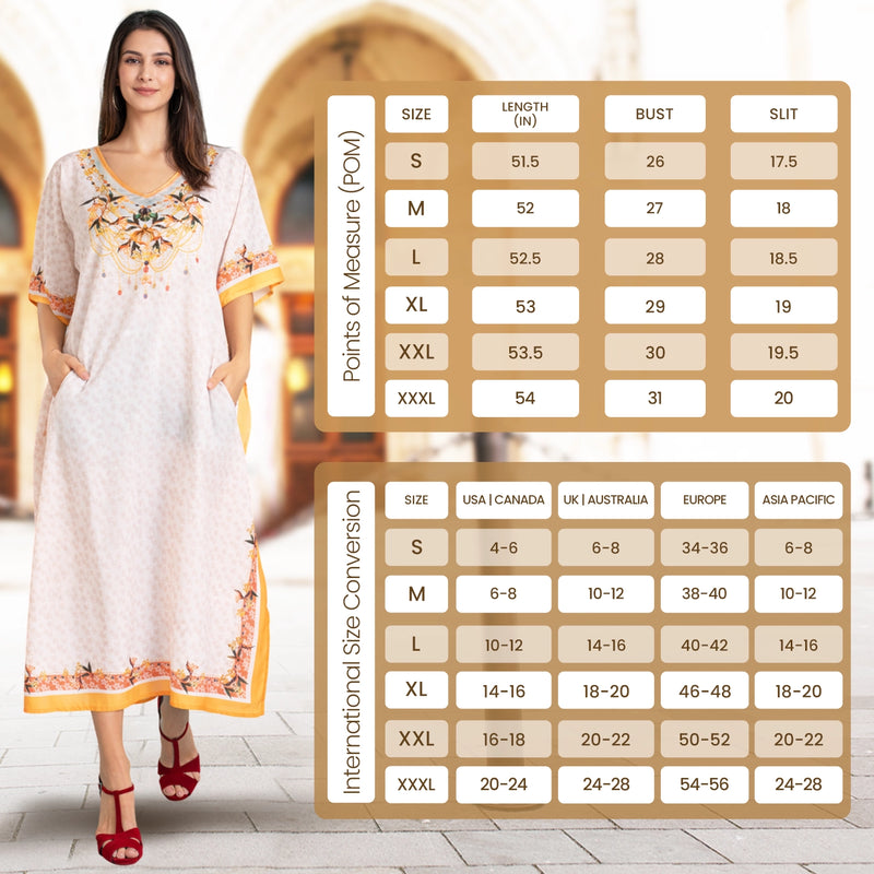 Size Chart for Ethnic Print Polyester Kaftan Dress with V Neck, Pockets & Side Slits