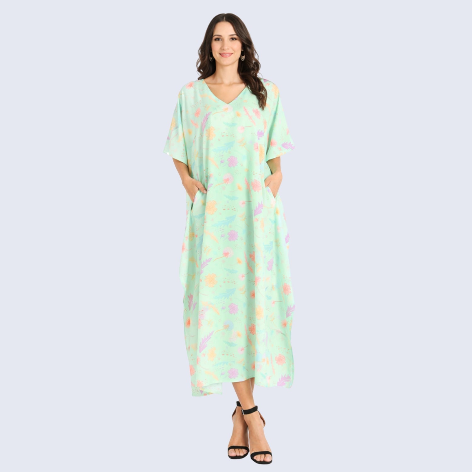 Floral Pastel Polyester Kaftan Dress with V Neck, Pockets & Side Slits