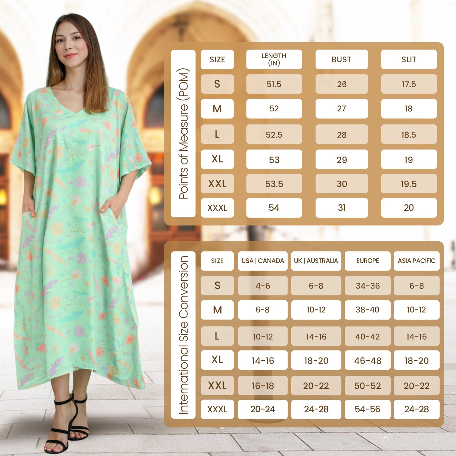 Floral Pastel Polyester Kaftan Dress with V Neck, Pockets & Side Slits