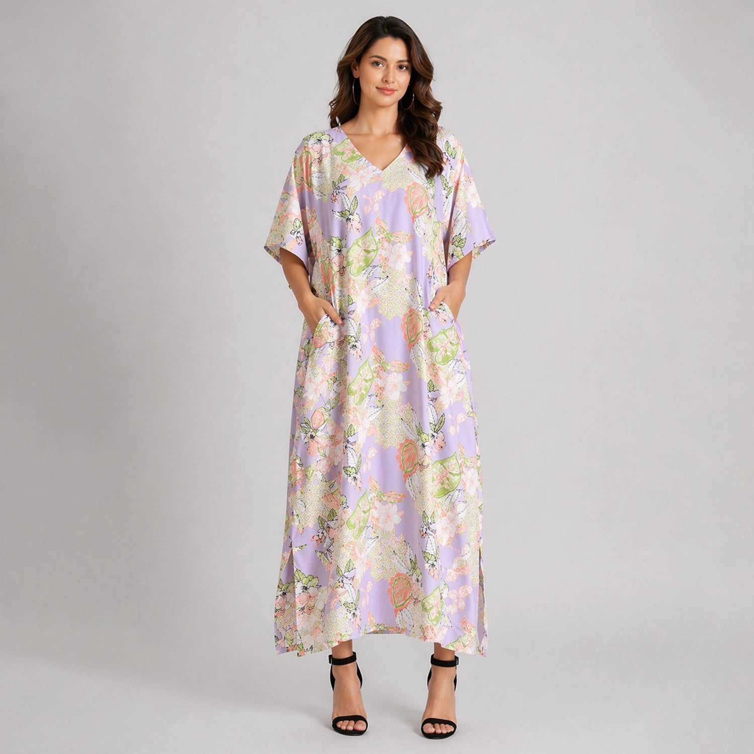 Floral Pastel Polyester Kaftan Dress with V Neck, Pockets & Side Slits