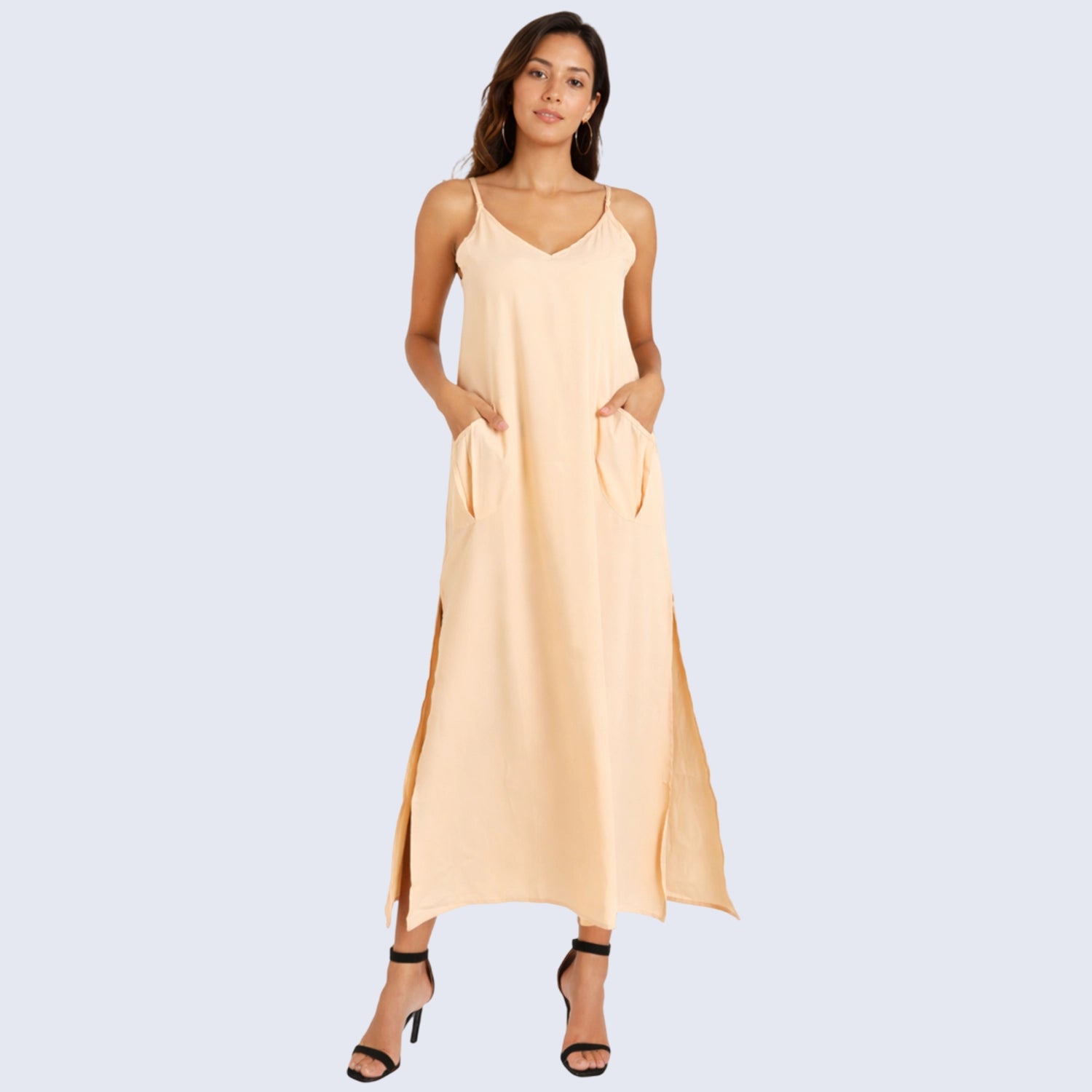 Cami Strap Maxi Kaftan Dress with V Neck, Pockets & Side Slits