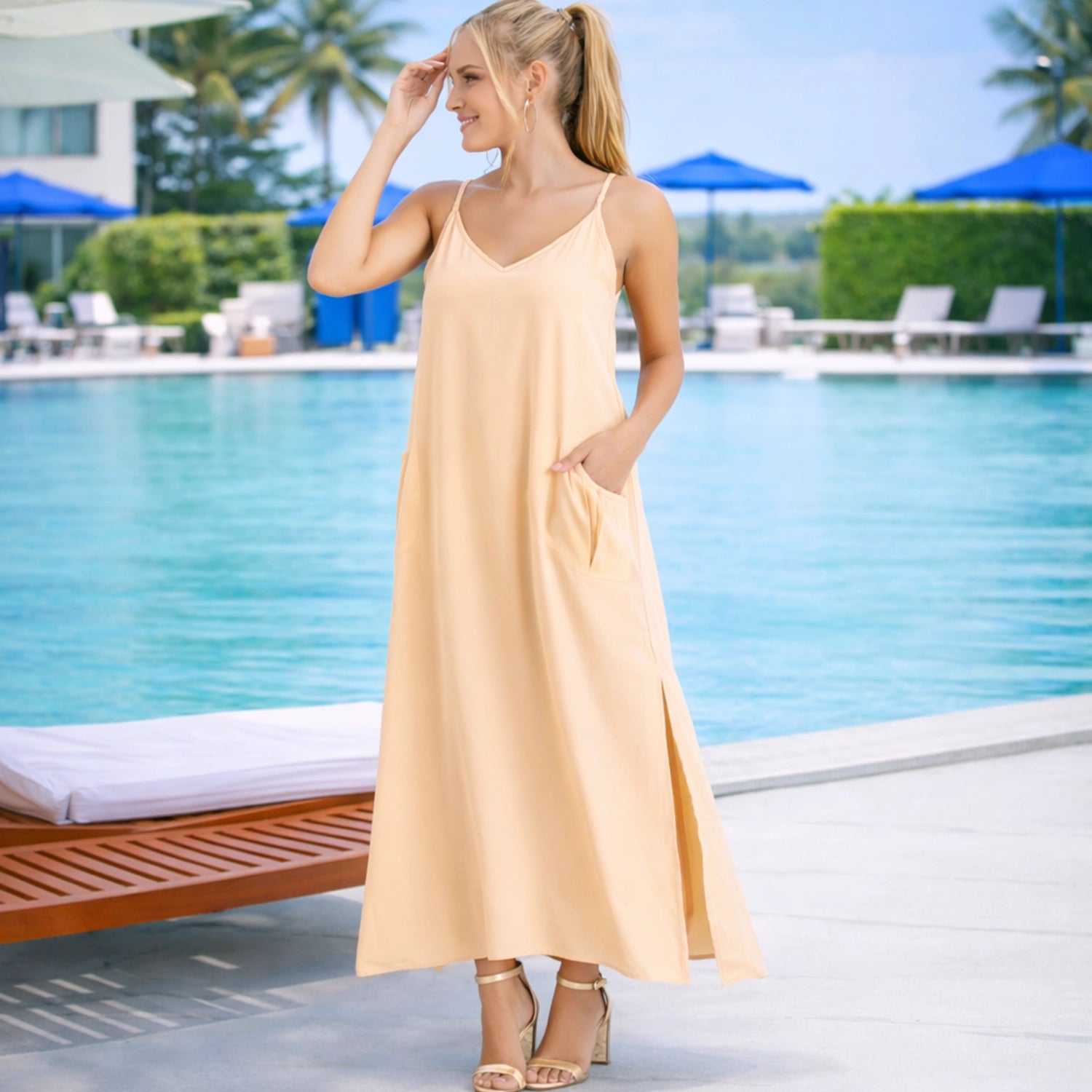 Cami Strap Maxi Kaftan Dress with V Neck, Pockets & Side Slits