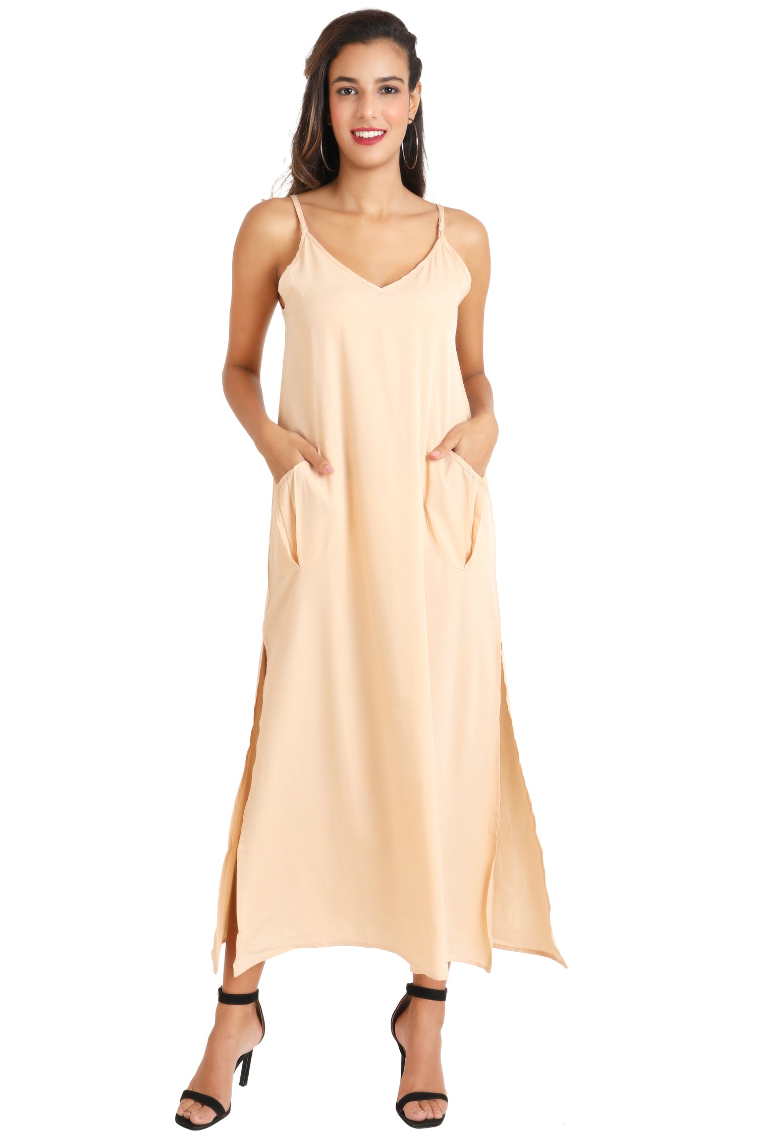 Cami Strap Maxi Kaftan Dress with V Neck, Pockets & Side Slits