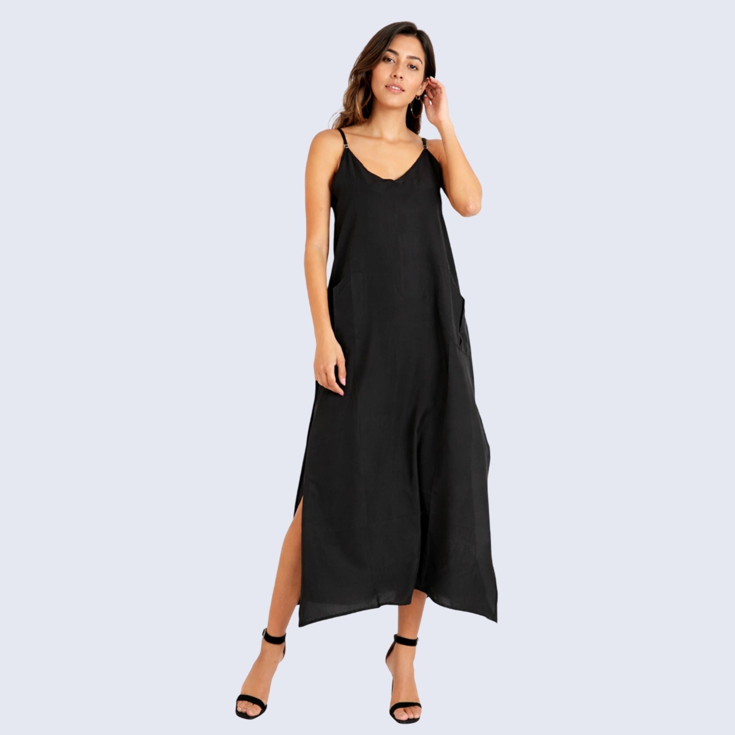 Cami Strap Maxi Kaftan Dress with V Neck, Pockets & Side Slits