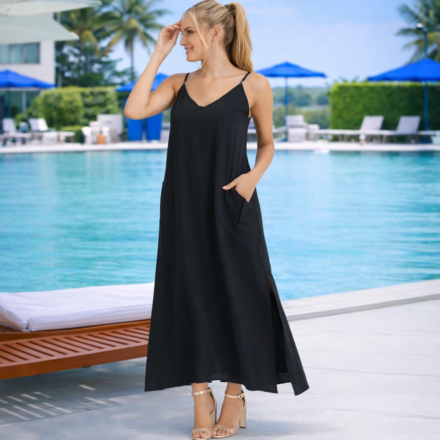 Cami Strap Maxi Kaftan Dress with V Neck, Pockets & Side Slits