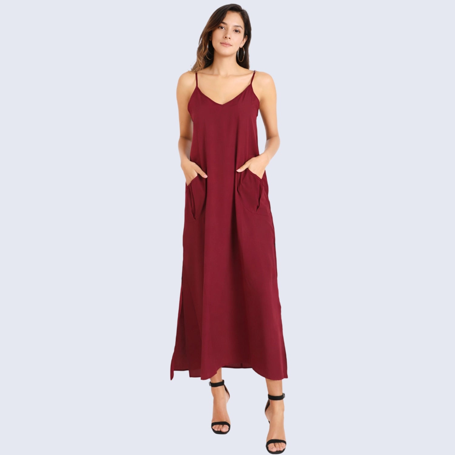 Cami Strap Maxi Kaftan Dress with V Neck, Pockets & Side Slits
