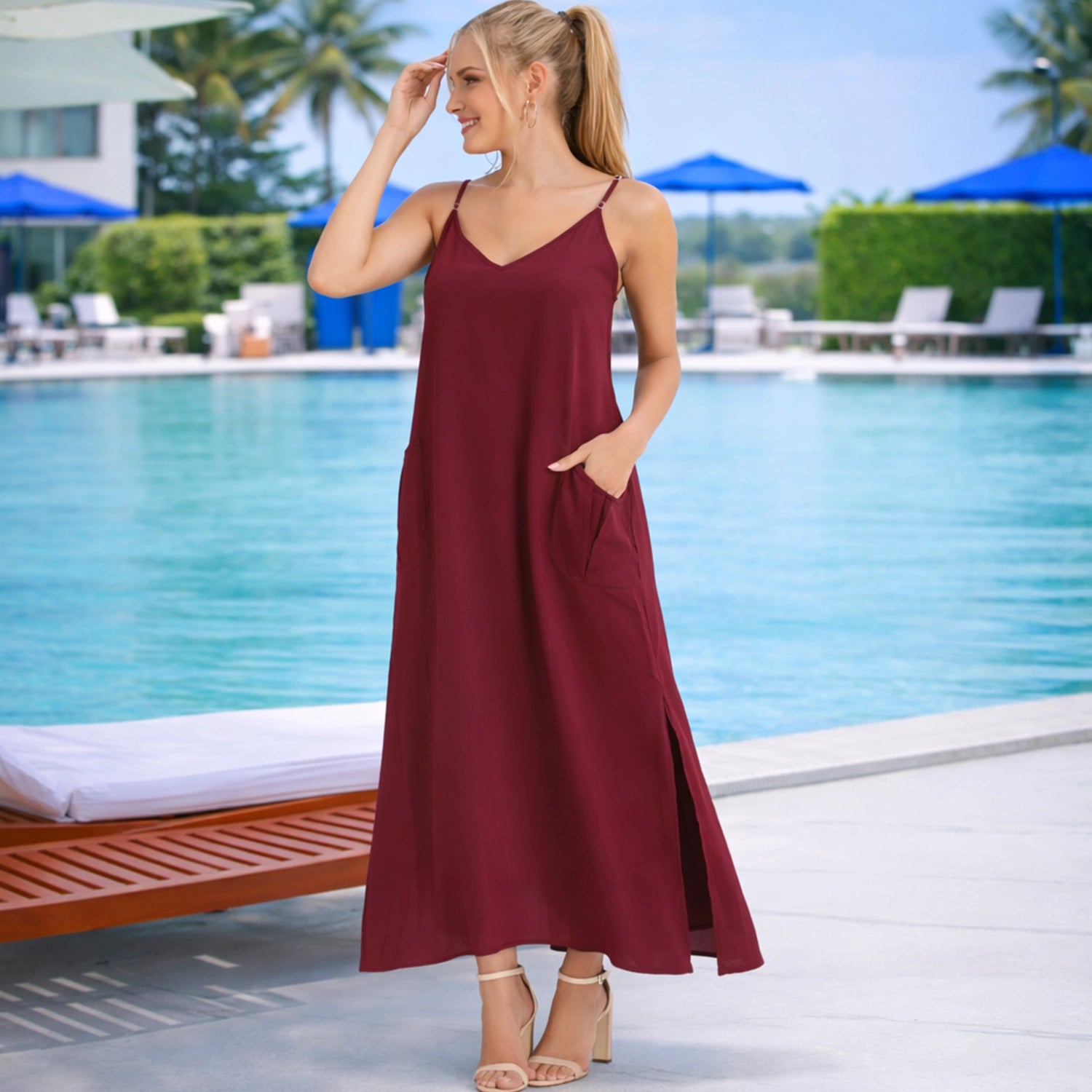 Cami Strap Maxi Kaftan Dress with V Neck, Pockets & Side Slits