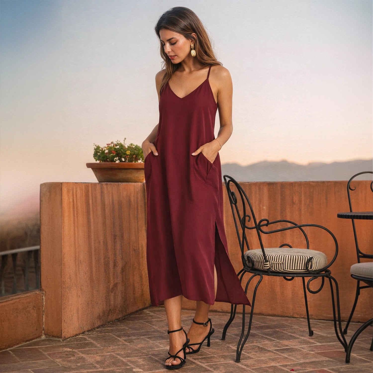 Cami Strap Maxi Kaftan Dress with V Neck, Pockets & Side Slits