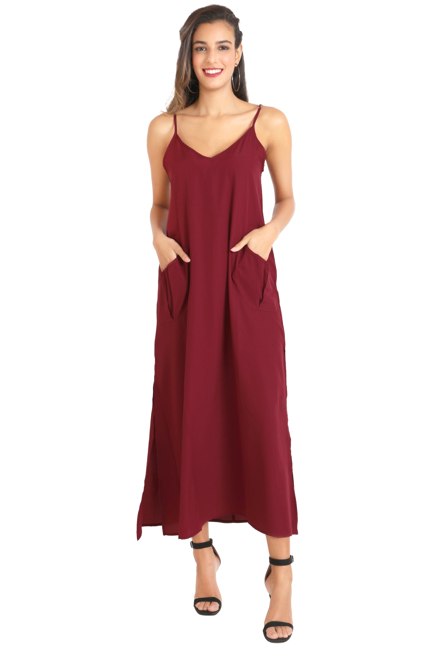 Cami Strap Maxi Kaftan Dress with V Neck, Pockets & Side Slits