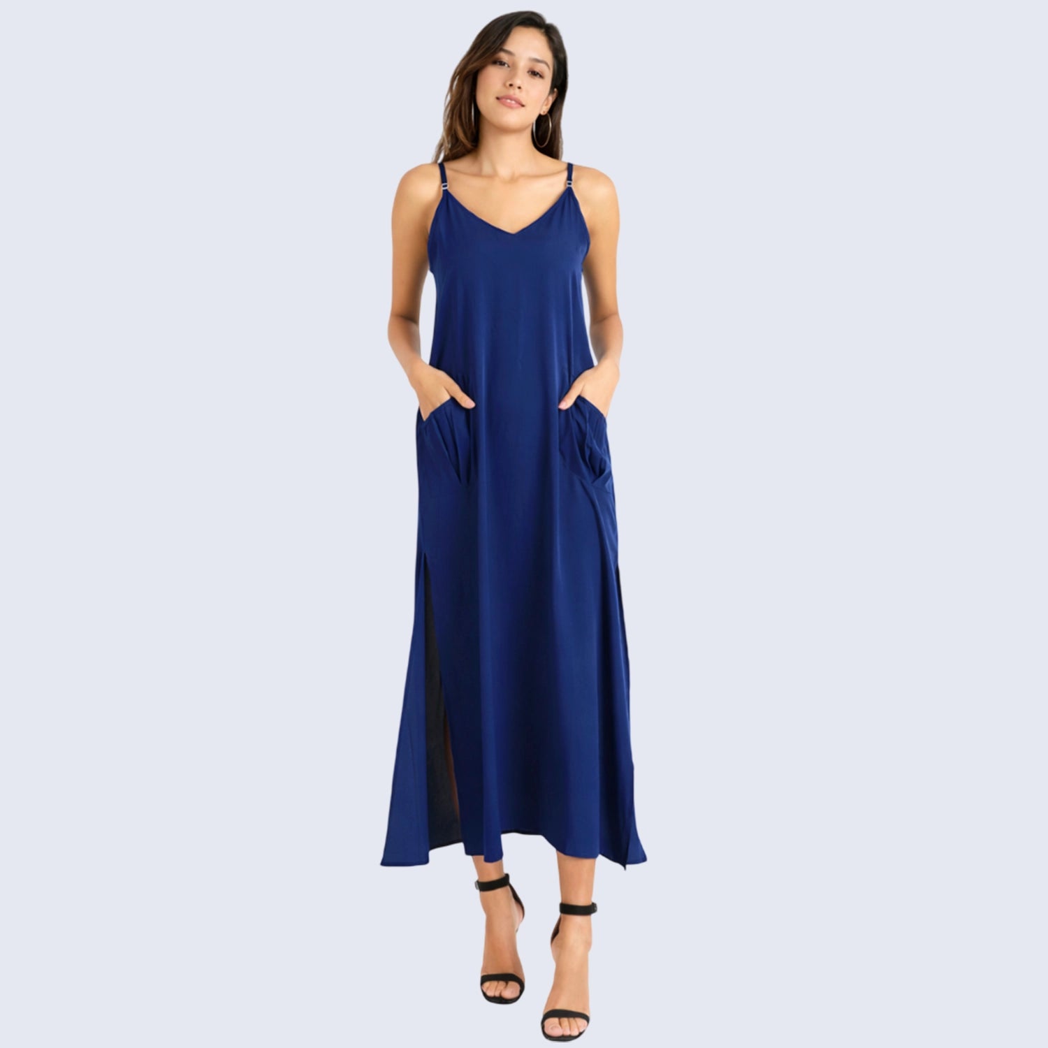 Cami Strap Maxi Kaftan Dress with V Neck, Pockets & Side Slits