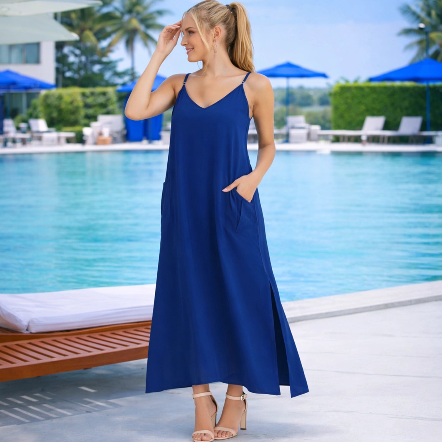 Cami Strap Maxi Kaftan Dress with V Neck, Pockets & Side Slits