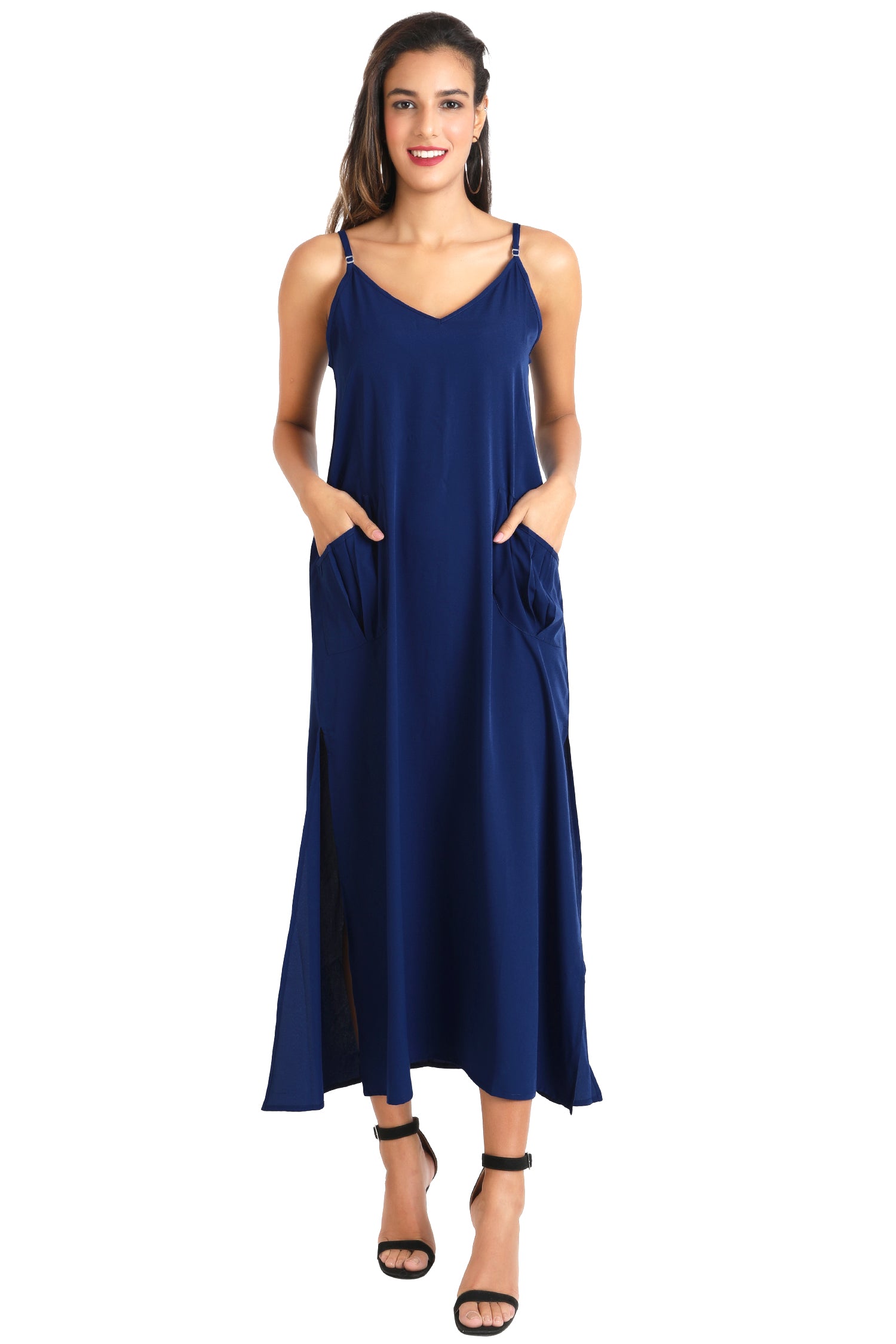 Cami Strap Maxi Kaftan Dress with V Neck, Pockets & Side Slits
