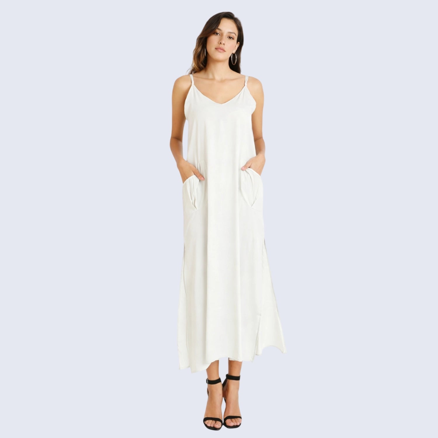 Cami Strap Maxi Kaftan Dress with V Neck, Pockets & Side Slits