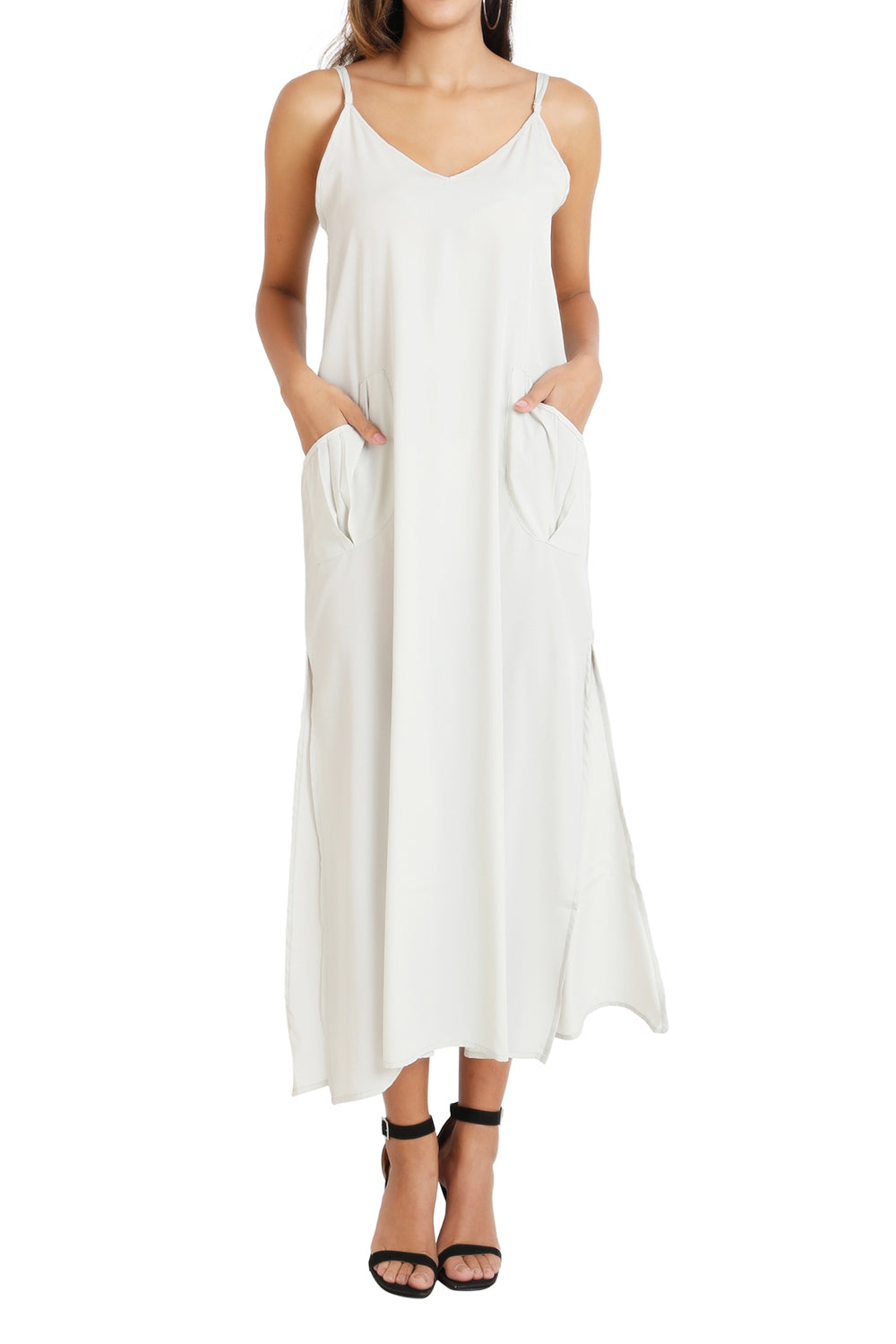 Cami Strap Maxi Kaftan Dress with V Neck, Pockets & Side Slits