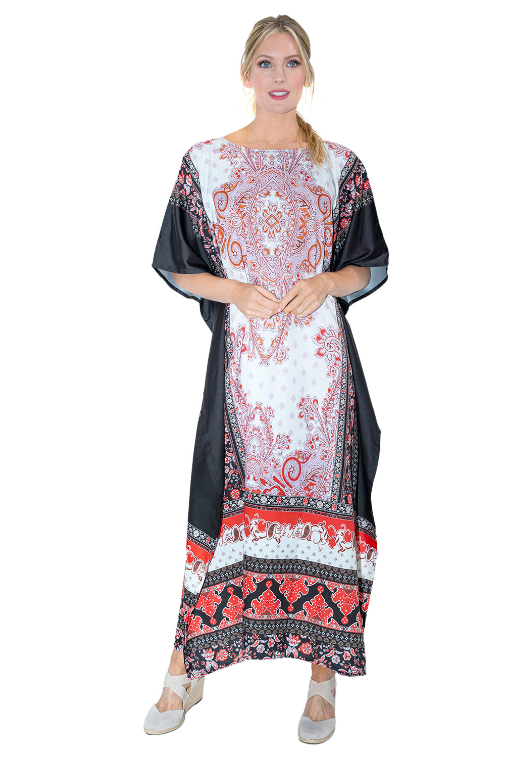 Tropical Print Polyester Kaftan Dress with Pockets & Side Slits