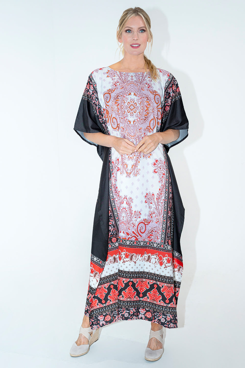Tropical Print Polyester Kaftan Dress with Pockets & Side Slits