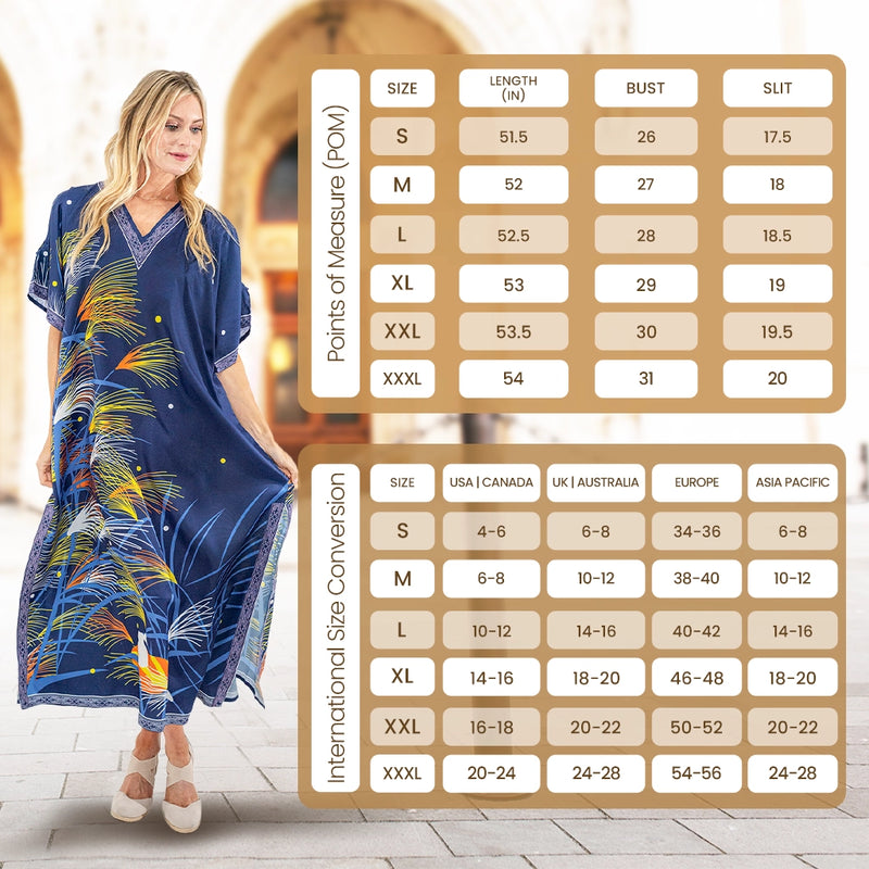 Size Chart for Tropical Print Polyester Kaftan Dress with Pockets & Side Slits