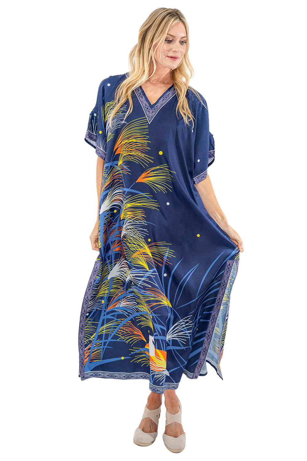 Tropical Print Polyester Kaftan Dress with Pockets & Side Slits