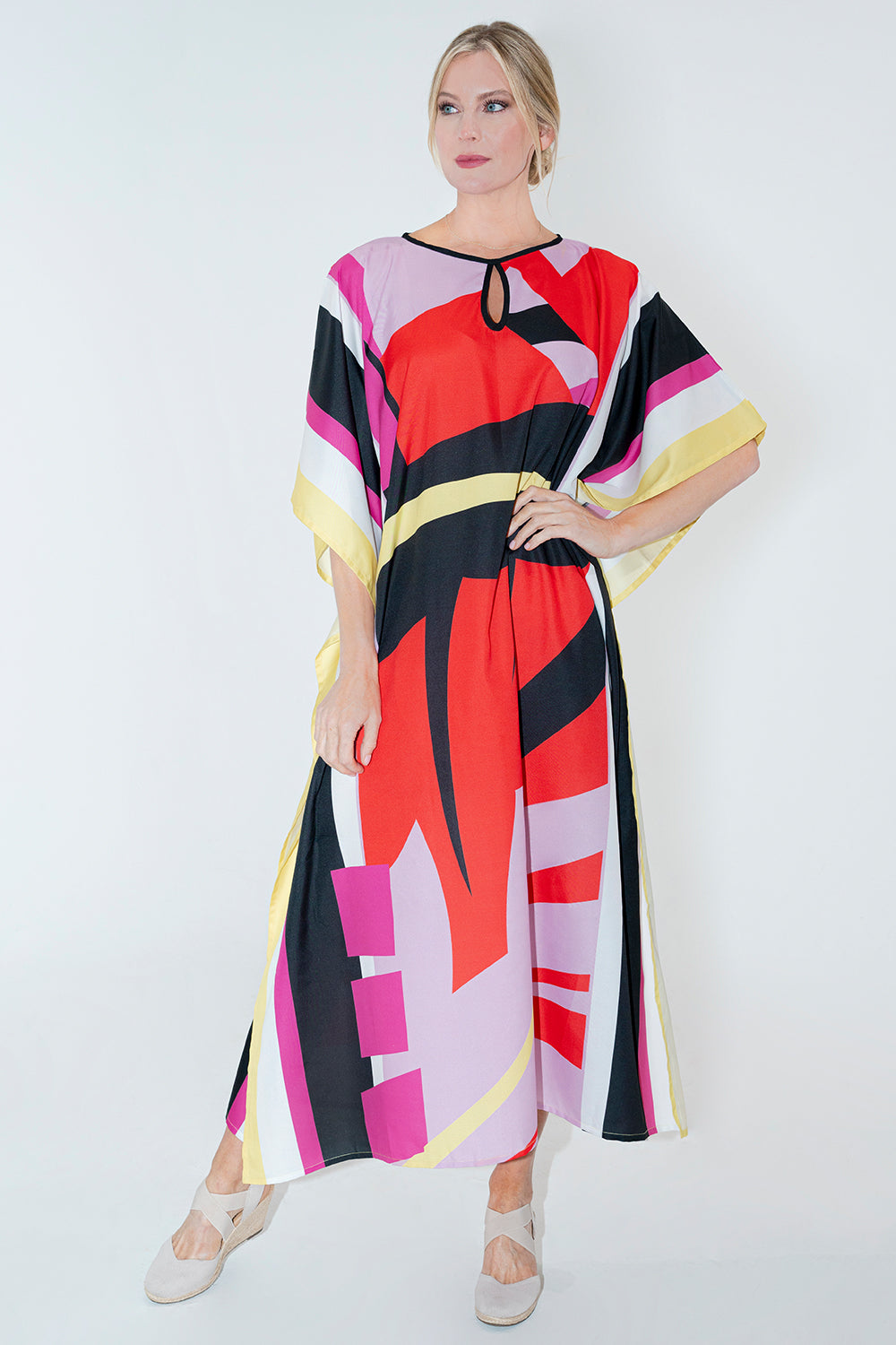 Abstract Print Polyester Kaftan Dress with Pockets & Side Slits