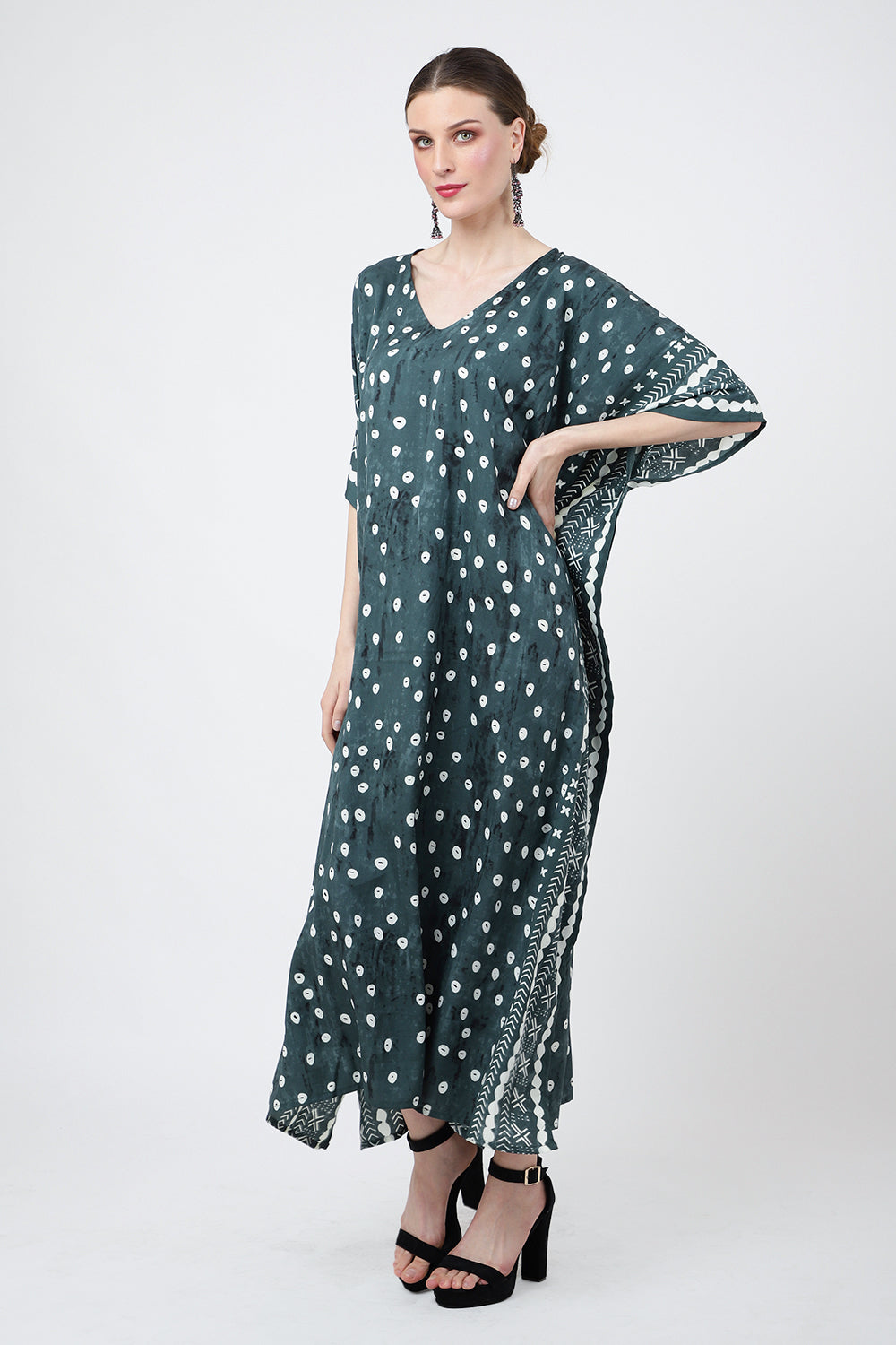 Ethnic Dot Print Polyester Kaftan Dress with Pockets & Side Slits