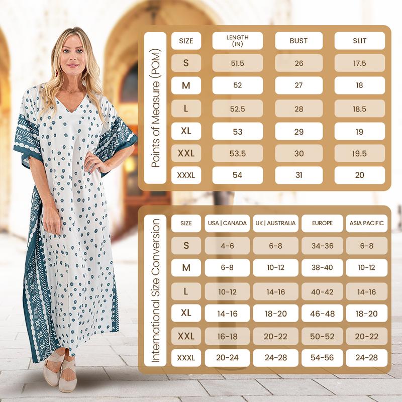 Size Chart for Ethnic Dot Print Polyester Kaftan Dress with Pockets & Side Slits
