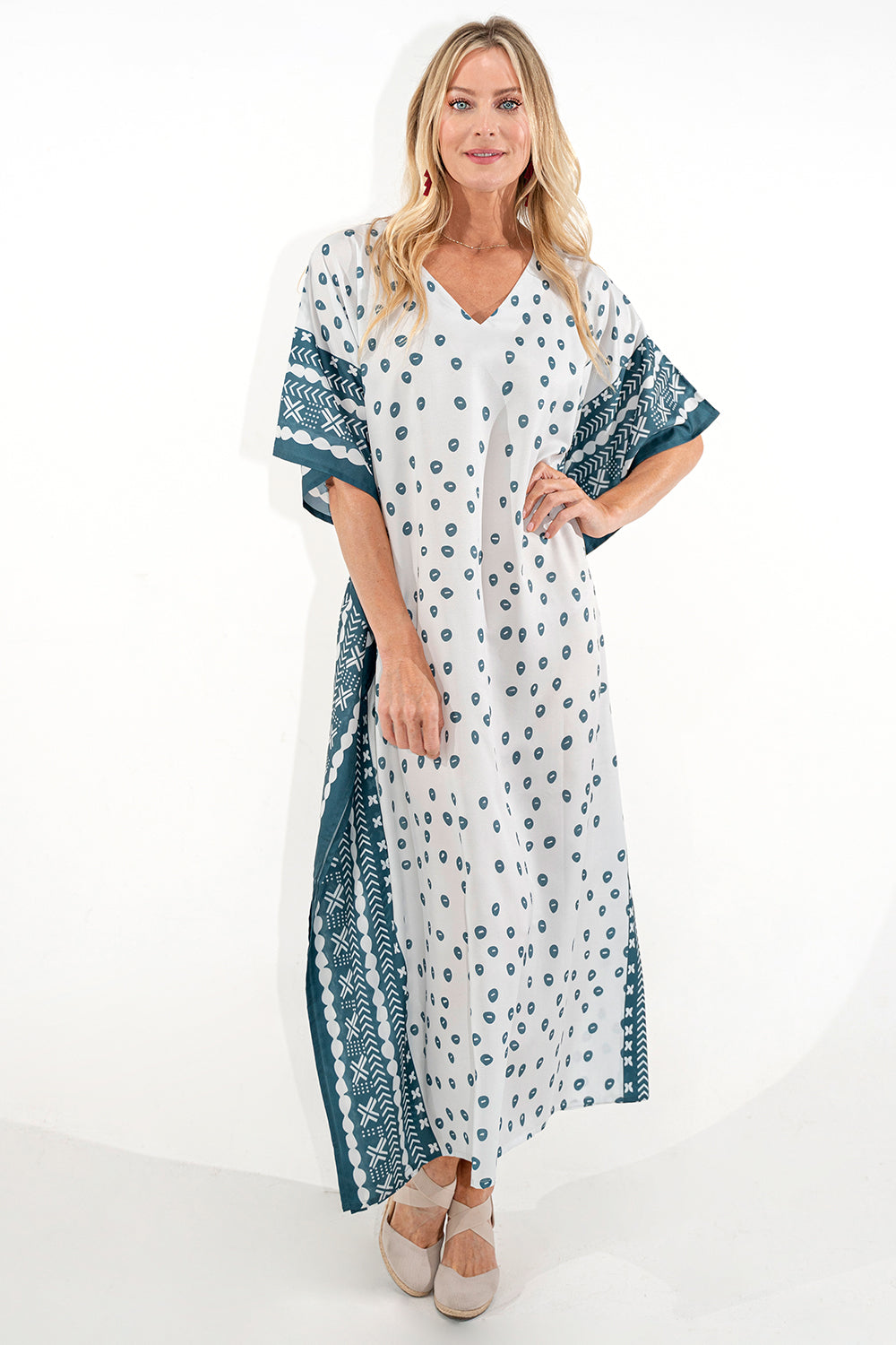 Ethnic Dot Print Polyester Kaftan Dress with Pockets & Side Slits