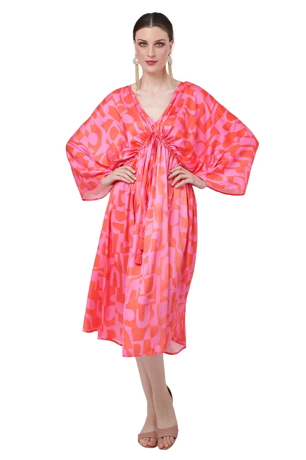 Women Midi Kaftans Summer Holiday Caftan Dress Vermillion S-3XL
