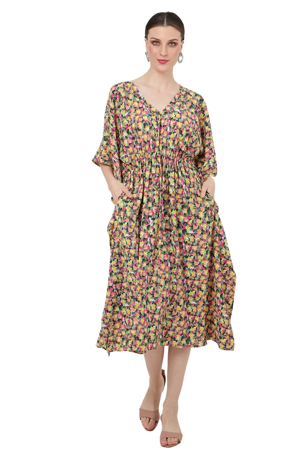 Women Midi Kaftans Summer Holiday Caftan Dress Motley Green S-3XL