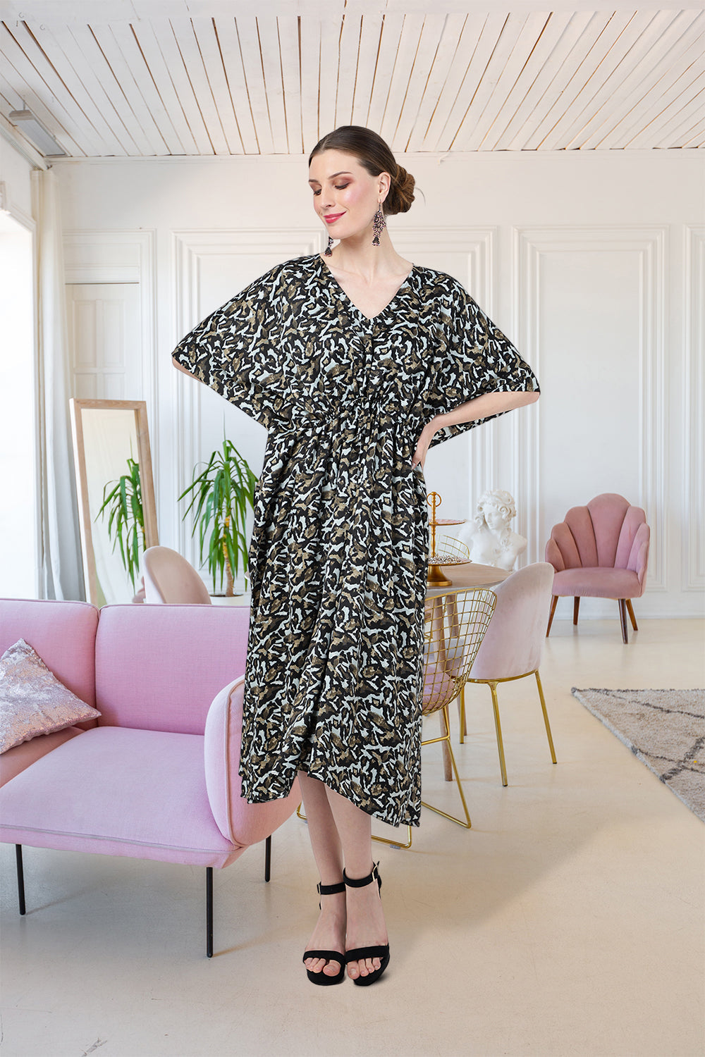 Women Midi Kaftans Summer Holiday Caftan Dress Black S-3XL
