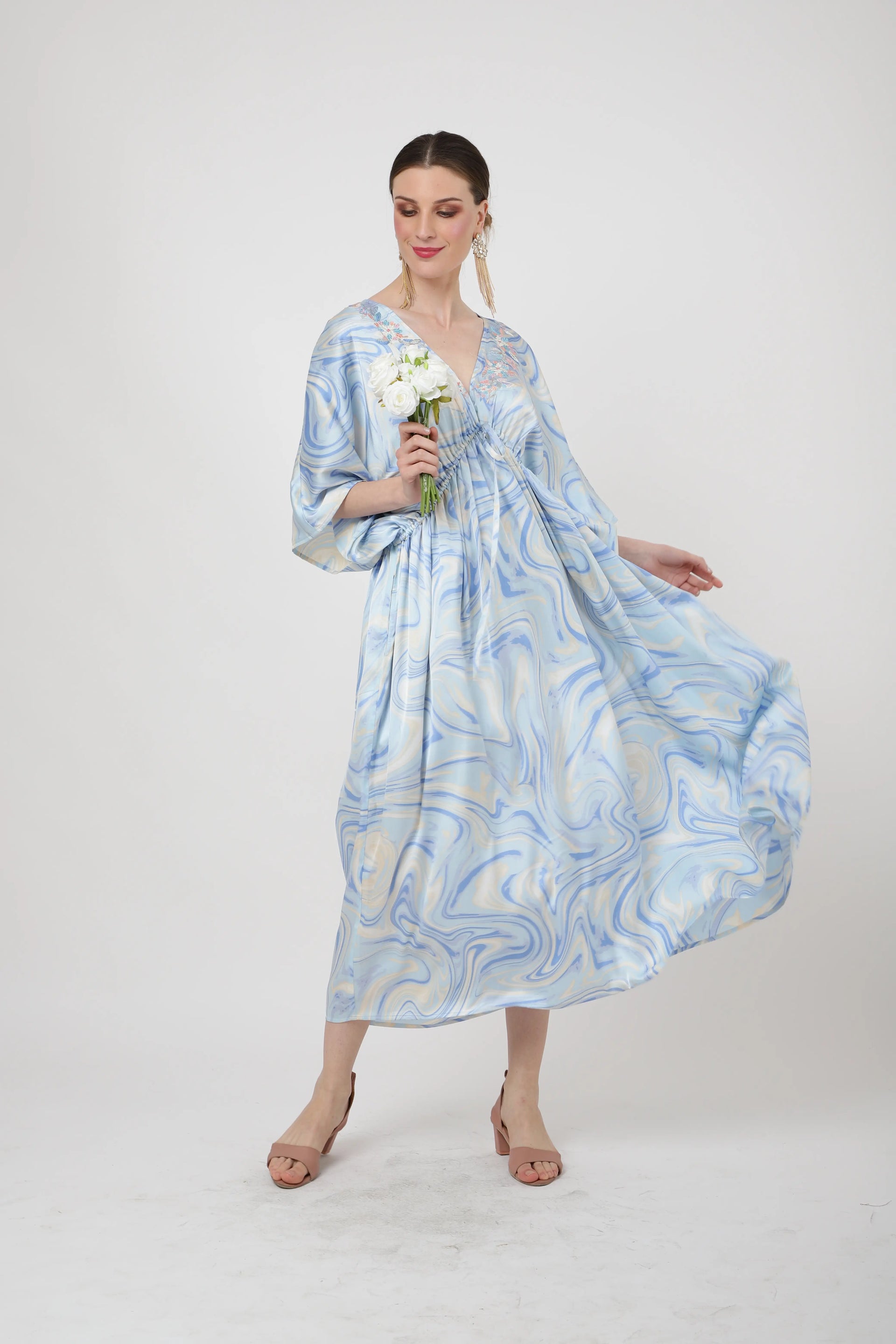 Women Midi Kaftans Summer Holiday Caftan Dress Soft Blue S-3XL