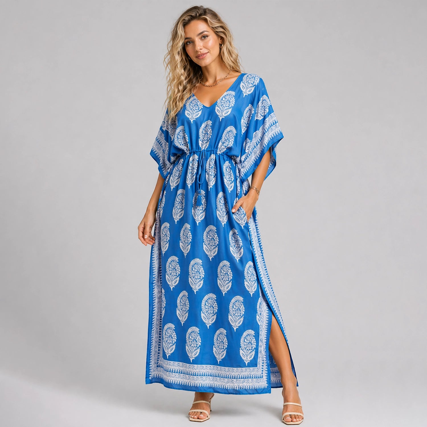 Floral Kaftan Summer Dresses Tassel Strings Waist Blue, S-3XL