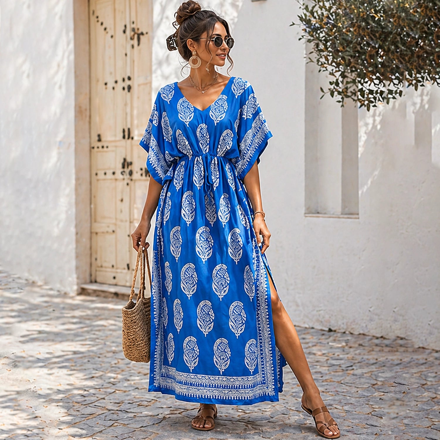 Floral Kaftan Summer Dresses Tassel Strings Waist Blue, S-3XL