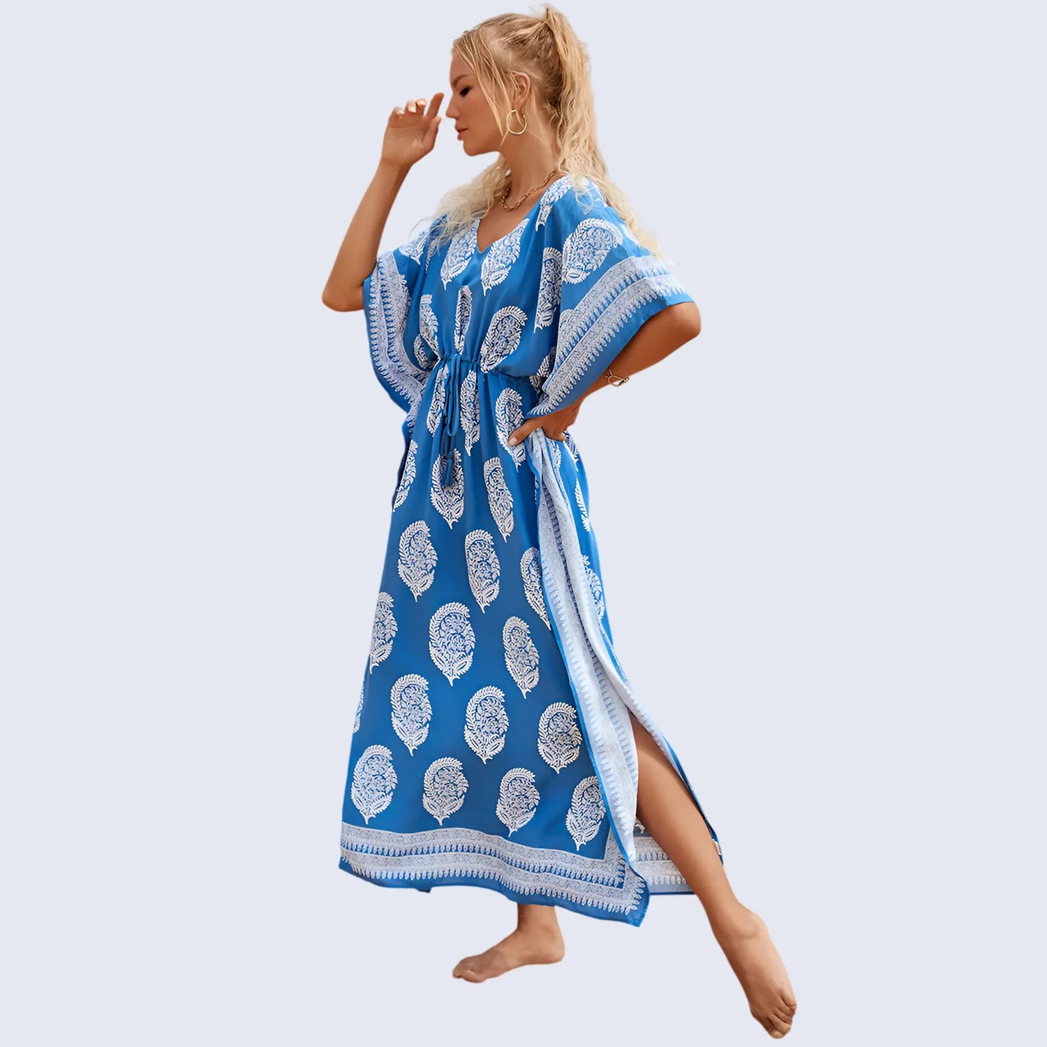 Floral Kaftan Summer Dresses, Tassel Strings waist -Blue, S-3XL