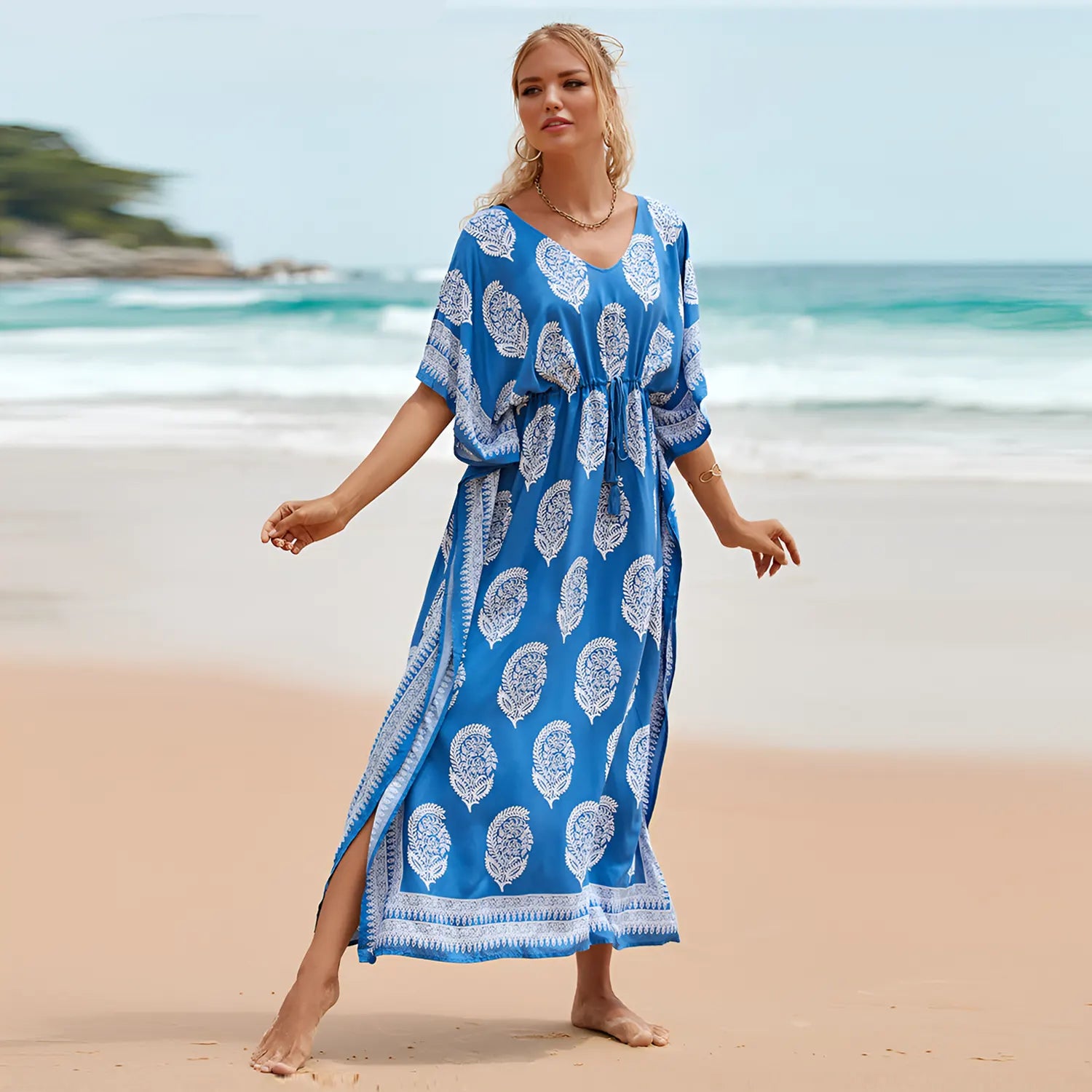 Blue Printed Cotton Blend Kaftan Dress with Pockets in S-3XL