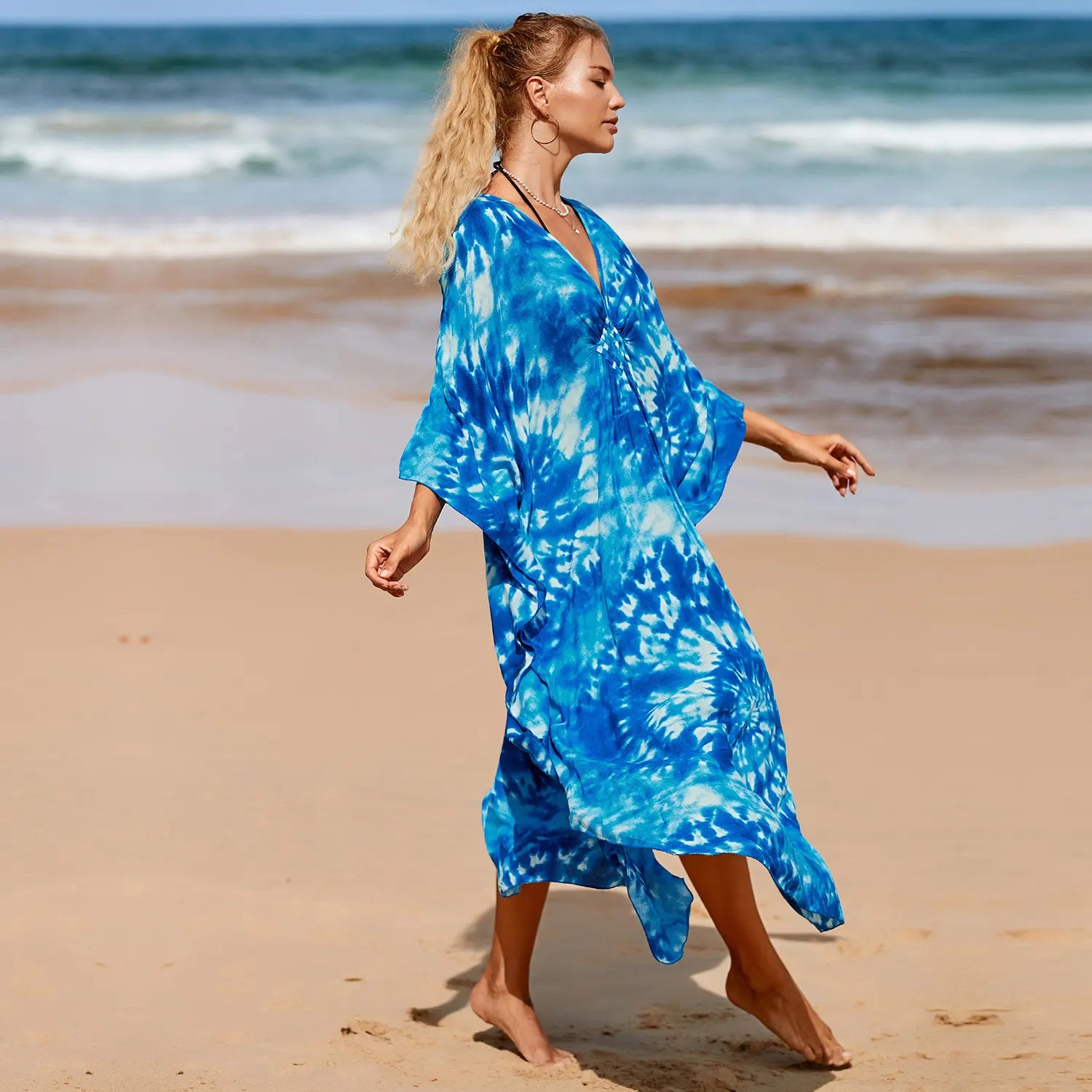 Kaftan Summer Dresses, Braided V-Neck - Indigo, S-3XL