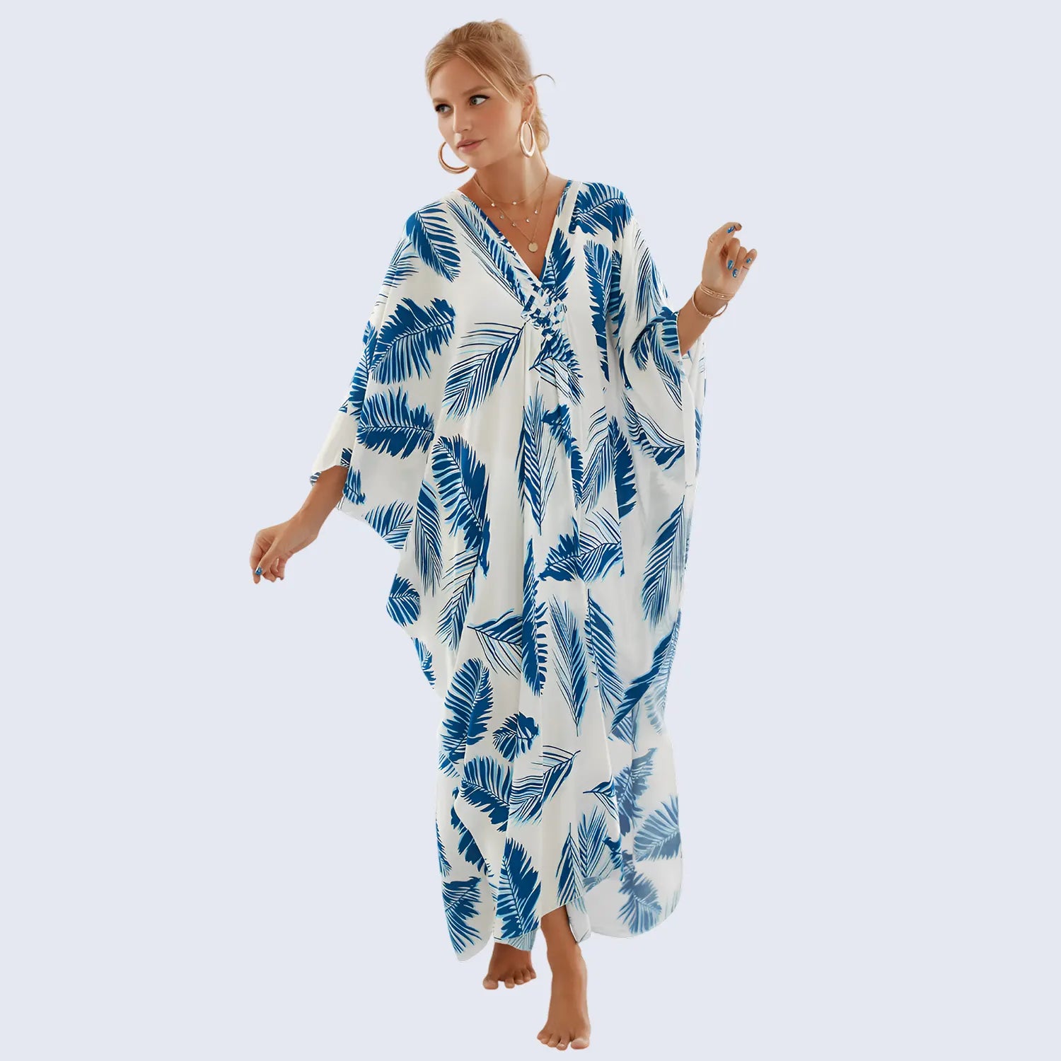 Kaftan Summer Dresses, Braided V-Neck - Blue Feather, S-3XL